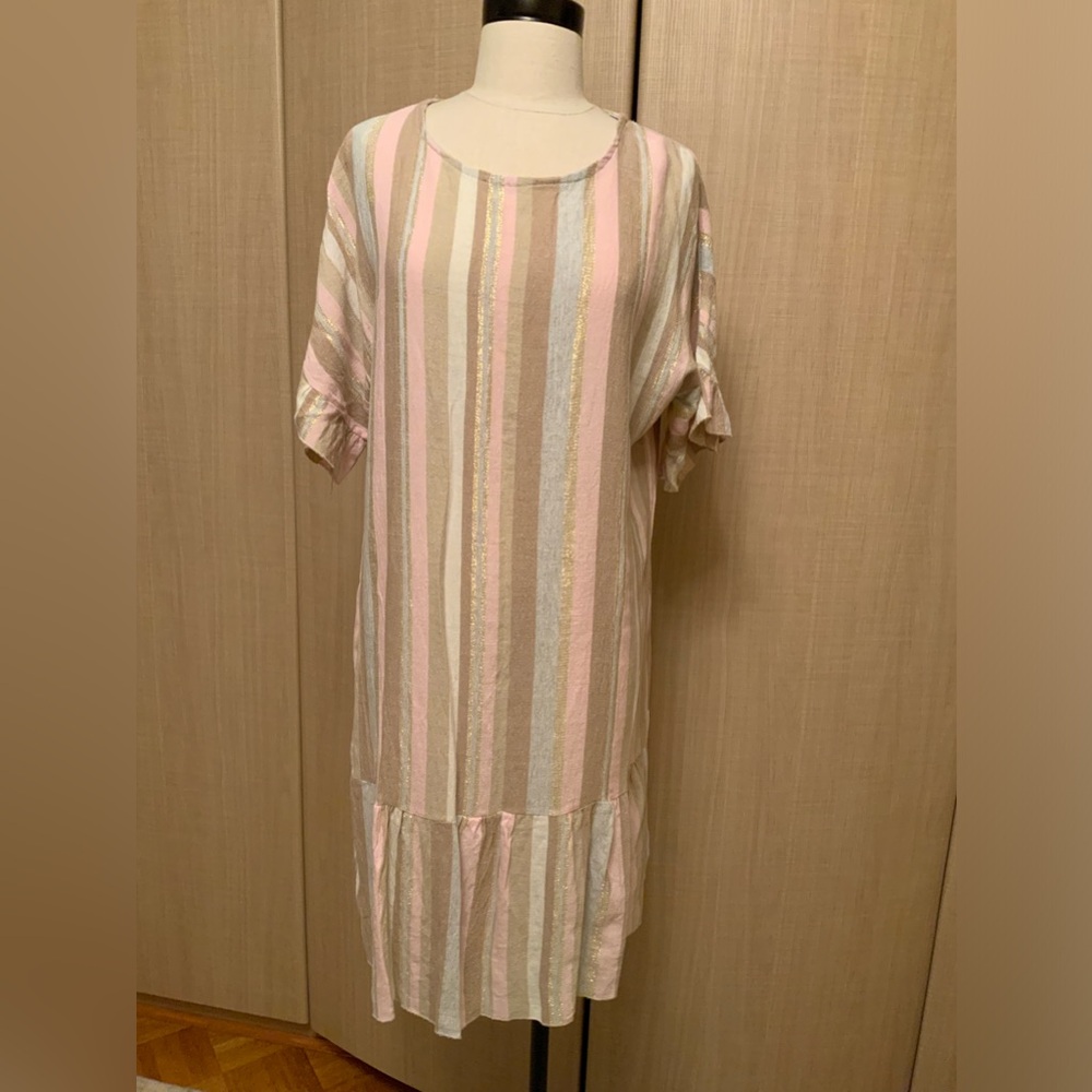 Women’s Italian Bella Ambra Short Sleeve Linen Stripped Midi Dress Sz XS